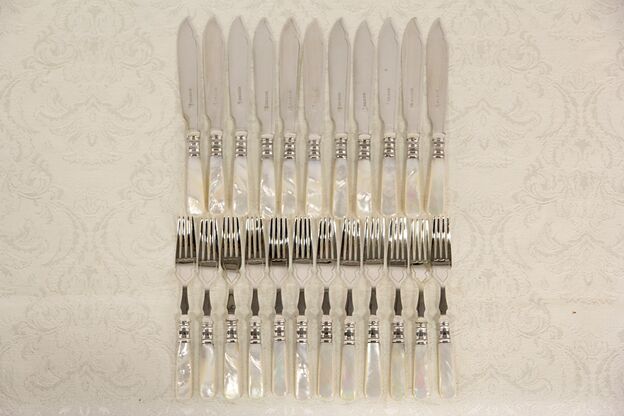 Victorian Silverplate & Pearl 1890's Antique Silverware Fish Set, Forks & Knives photo