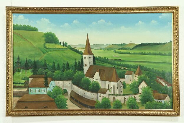 Medieval Church & Village Walls, Vintage Original Oil Painting, Signed Matke photo