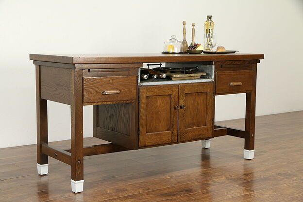 Oak Antique Kitchen Island, Wine & Cheese Tasting Table, Cooking School #29086 photo