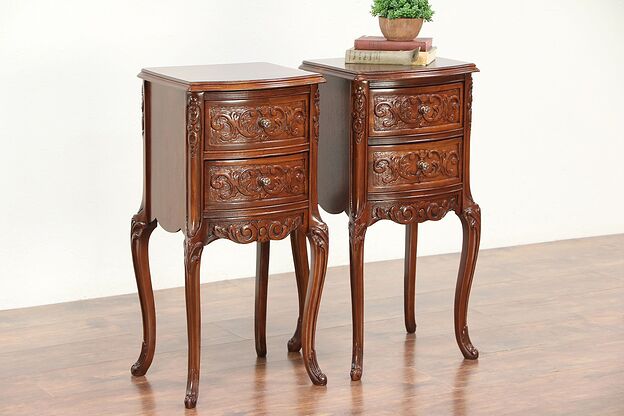 Pair of French Style Vintage Carved Walnut & Burl Nightstands #29443 photo