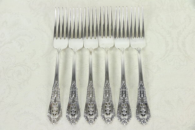Set of 6 Sterling Silver 7" Dinner Forks, Rose Point by Wallace #30134 photo