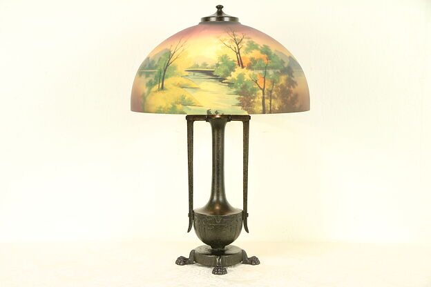 Moe Bridges Signed Antique Lamp, Reverse Painted Glass Shade #30421 photo