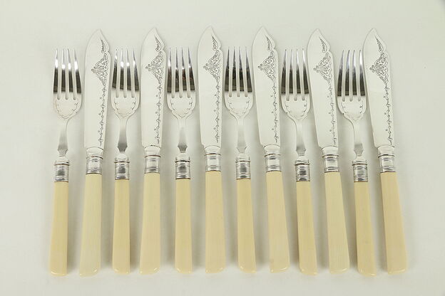 Set of 12 Antique English Silverplate Knives & Forks, Ivorine Handles #31262 photo
