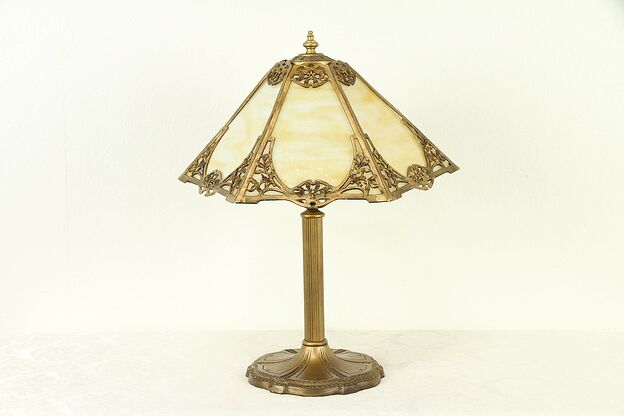 Stained Glass 6 Panel Shade Antique Lamp, Embossed Base #31675 photo