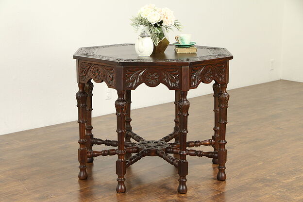 English Tudor Carved Oak Octagonal Antique Lamp or Hall Center Table #31716 photo