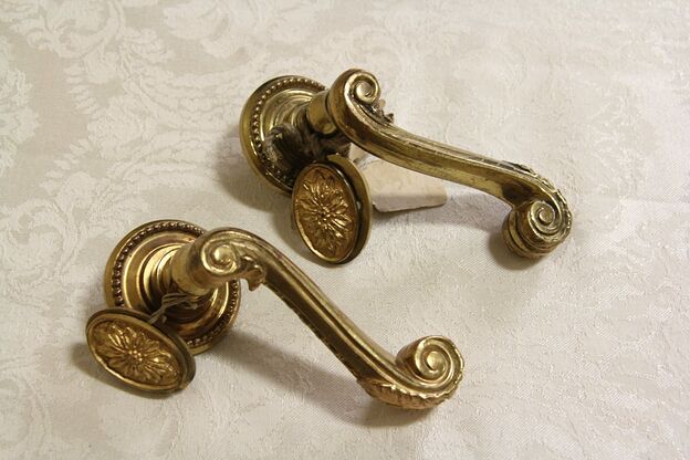 Pair of 1900 Antique Gold Plated Bronze Antique Door Levers & Keyhole Covers photo