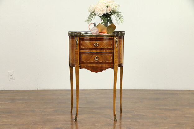 French Marble Top Antique Rosewood Marquetry Nightstand or End Table #31203 photo