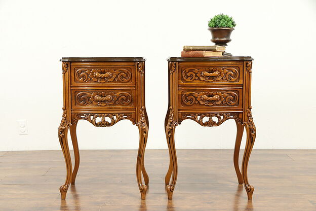 Pair of Inlaid Marquetry Antique Carved Nightstands, Lamp or End Tables #31232 photo