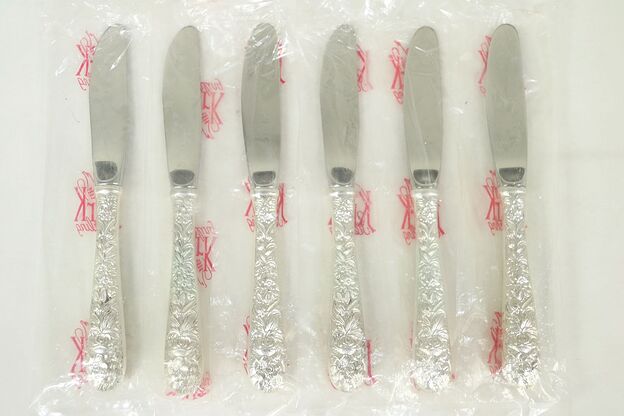 Repousse Kirk Stieff Sterling Silver Set of 6 Butter Knives, New in Bag #29047 photo