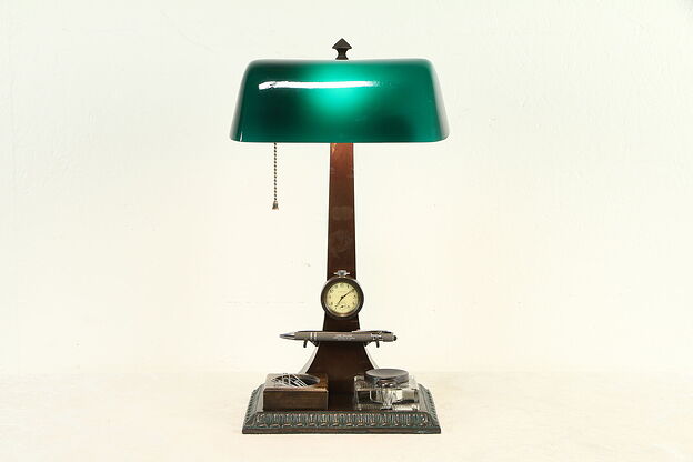 Green Glass Antique Desk Lamp, Inkwell & Clock, Verdelite Pat. 1917 #31571 photo