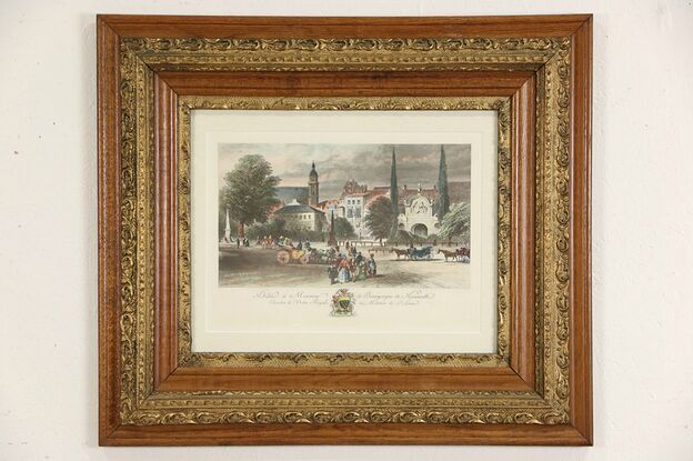 French Menneville 1850's Antique Colored Engraving, Victorian Oak Frame photo