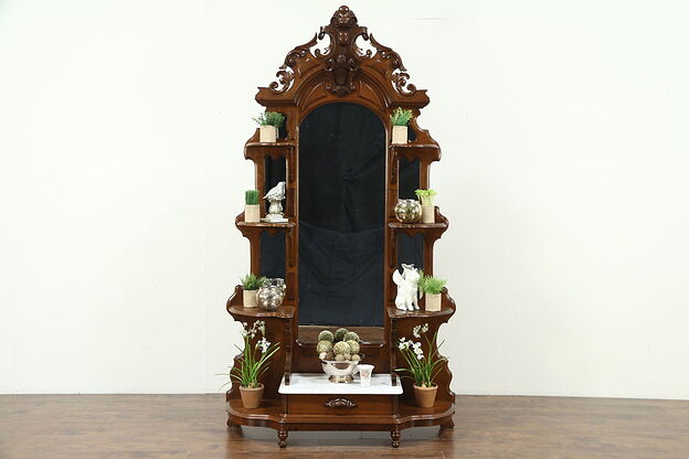 Victorian 1860 Antique Hand Carved Walnut Etagere or What Not, Marble photo