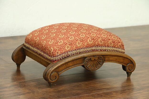 Walnut Hand Carved Antique 1880 Footstool, Recent Upholstery #28588 photo