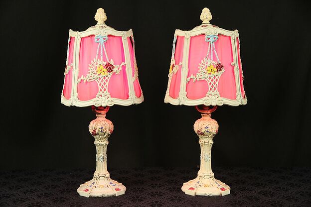 Pair Hand Painted Antique Boudoir Lamps, Silk Lined Filigree Shades #29541 photo