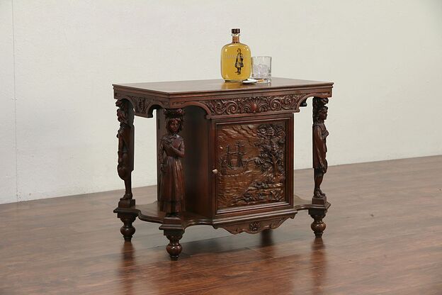 Double Antique Humidor or Chairside Table, Marquetry, Carved Statues #29835 photo