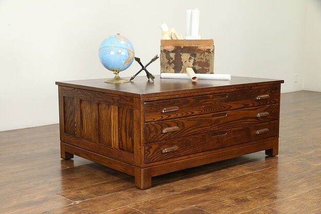 Oak Vintage Map Chest, Collector or Document File Coffee Table #31321 photo