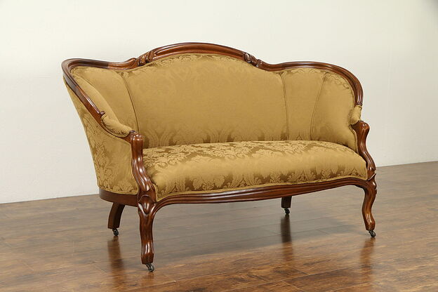 Victorian Antique Finger Carved Walnut Loveseat, New Upholstery #31770 photo