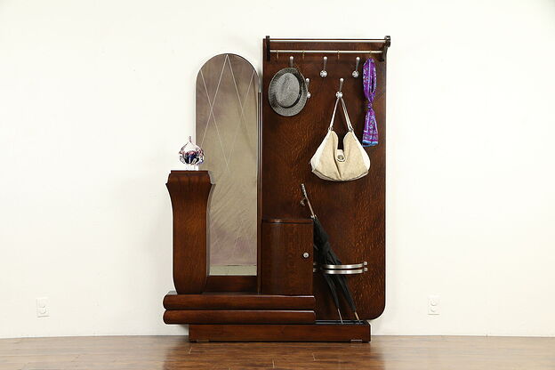 Art Deco French Oak Hall Stand, Coat Hooks, Mirror, Umbrella Holder #31832 photo