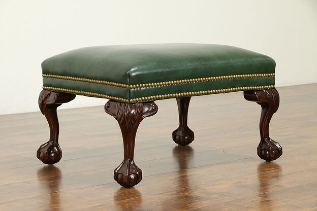 Georgian Style Vintage Carved Leather Foot Stool, Ottoman or Bench #31299 photo