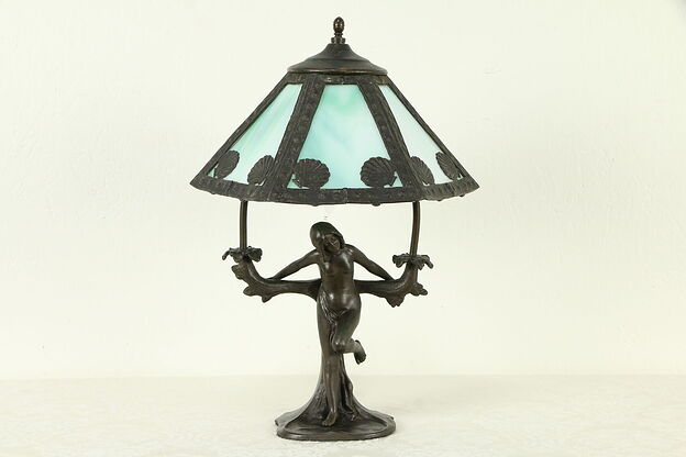 Printemps Spring Statue Lamp, Stained Glass Shade, L. Beck #31699 photo