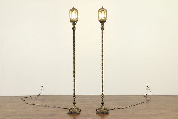 Pair Iron, Brass, Stained Glass Antique Floor Lamps, Torchieres, Lanterns #31848 photo