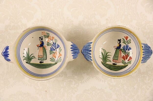 Henriot Quimper Signed Pair of Porridge Bowls with Handles, Hand Painted France photo