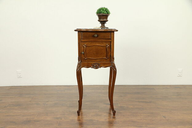 French Antique Hand Carved Walnut Nightstand, Marble Top #31204 photo