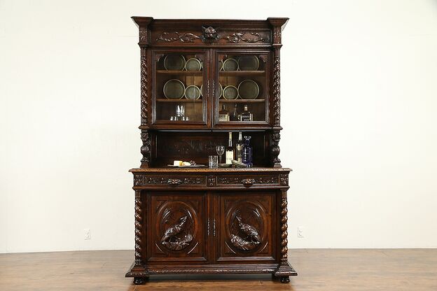 Black Forest Antique Oak China Cabinet or Bookcase, Carved Lions & Birds #31274 photo
