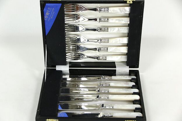 Travel Lunch or Fish Set Towle English Silverplate & Pearl 6 Forks & 6 Knives photo