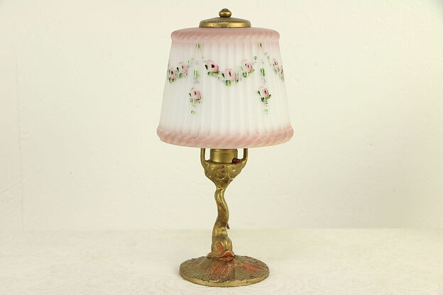 Dolphin Antique Boudoir Lamp, Etched Glass Hand Painted Shade #30202 photo