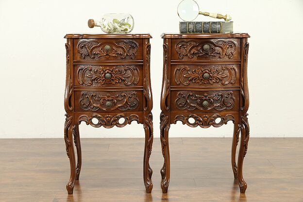 Pair Antique Carved Walnut French Style Nightstands or Lamp Tables #31458 photo
