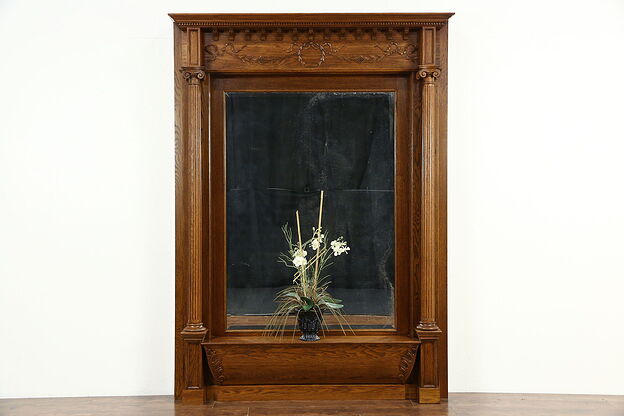 Classical Carved Oak 1900 Antique Hall Mirror, Original Beveled Glass photo