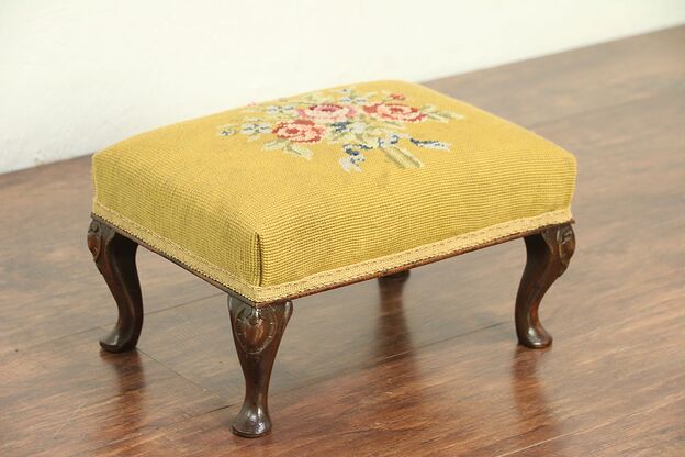Maple Hand Carved Antique Footstool, Needlepoint #29065 photo