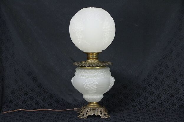 Victorian Antique Oil or Kerosene Lamp, Electrified, Grapes Satin Glass #29956 photo
