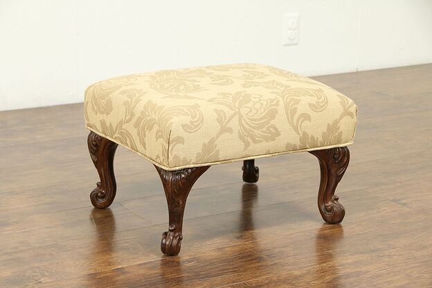 Footstool, Antique Carved Mahogany Legs, New Upholstery #31101 photo