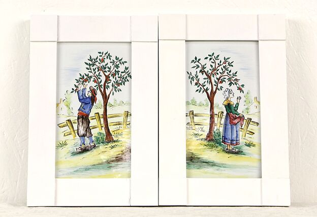 Pair Faience Hand Painted Ceramic Plaques, Fruit Pickers Signed Malicorne France photo
