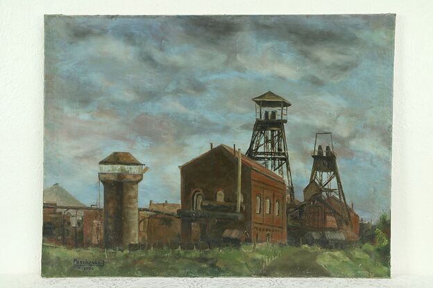 Industrial Scene Original Oil Painting, Signed Paschenko 1950 photo