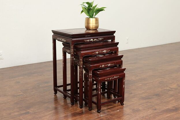 Set of 4 Vintage Rosewood & Inlaid Pearl Chinese Nesting Tables  #29853 photo