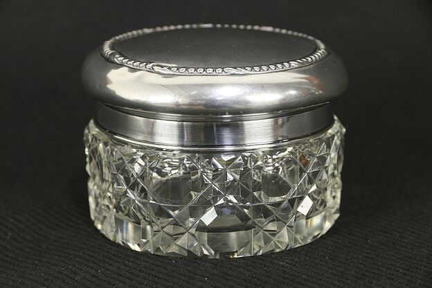 Victorian Antique 1900 Cut Crystal Boudoir Jar, Sterling Silver Lid #30225 photo