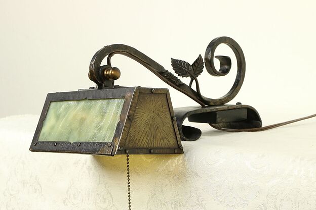 Wrought Iron & Stained Glass Antique Rolltop Desk Lamp or Piano Light #30590 photo