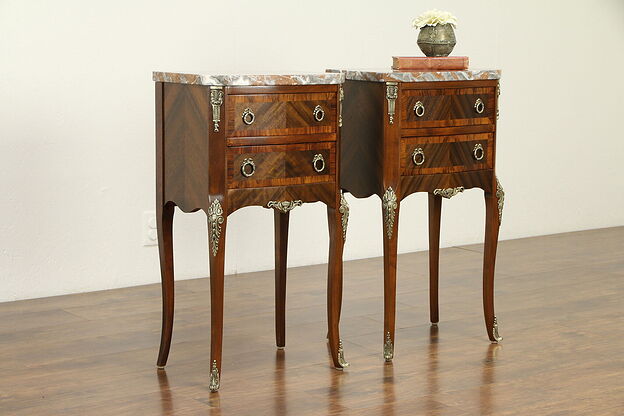 Pair of French Antique Rosewood End Tables or Nightstands, Marble Tops #31740 photo