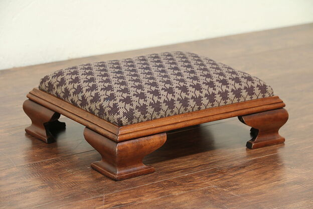 Needlepoint Upholstered Antique 1900 Maple Footstool  #29027 photo