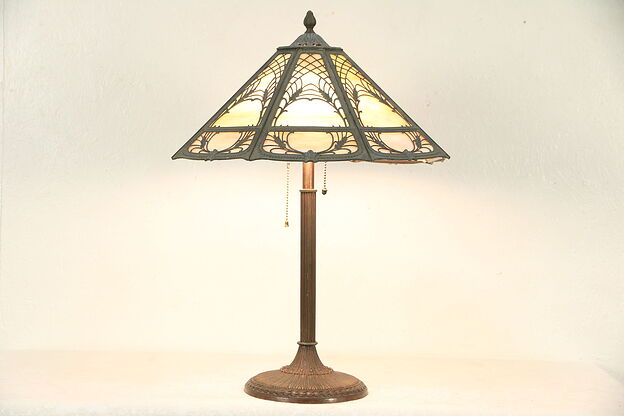 Stained Glass 8 Panel Shade Antique 1915 Lamp, Signed Miller #29808 photo