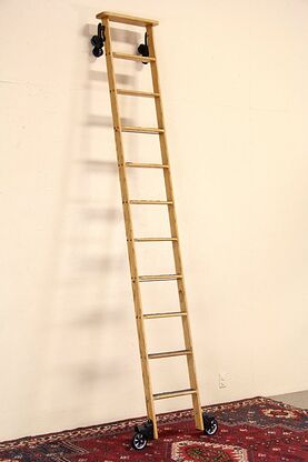 Library, Kitchen or Wine Cellar Industrial Rolling 10' Oak Ladder photo