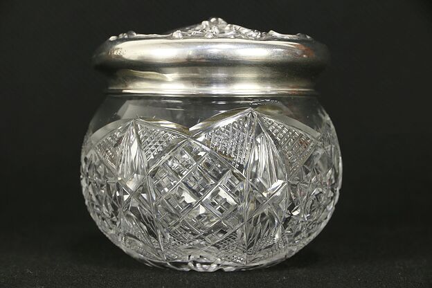 Victorian Antique Cut Glass Boudoir Jar, Sterling Silver Lid with Angel #30224 photo