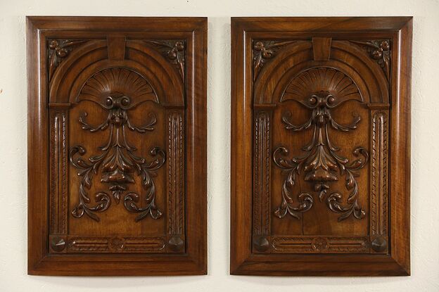 Pair French Hand Carved Walnut 1880 Antique Architectural Salvage Panels photo