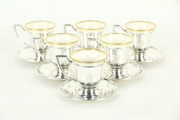 Set of 6 Sterling Silver Vintage Demitasse Coffee Cups & Saucers, Lenox Liners photo