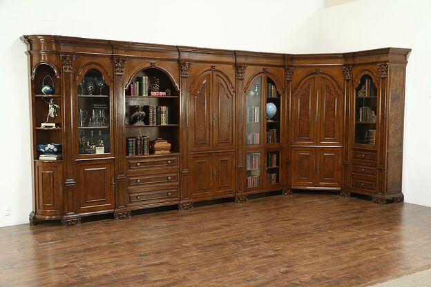 Italian Carved Walnut Vintage Library Bookcase & Bar Cabinet, L Shape, 16' Long photo