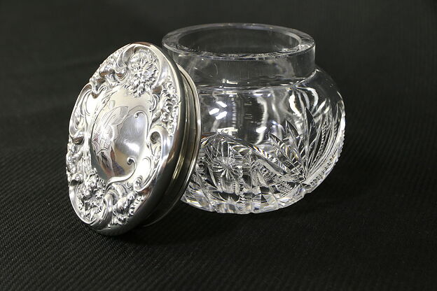 Victorian Sterling Silver & Cut Glass Antique Boudoir Jar, B Mono #32046 photo