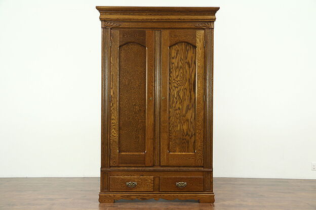 Oak Carved Antique 1900 Armoire, Wardrobe or Closet, Disassembles photo